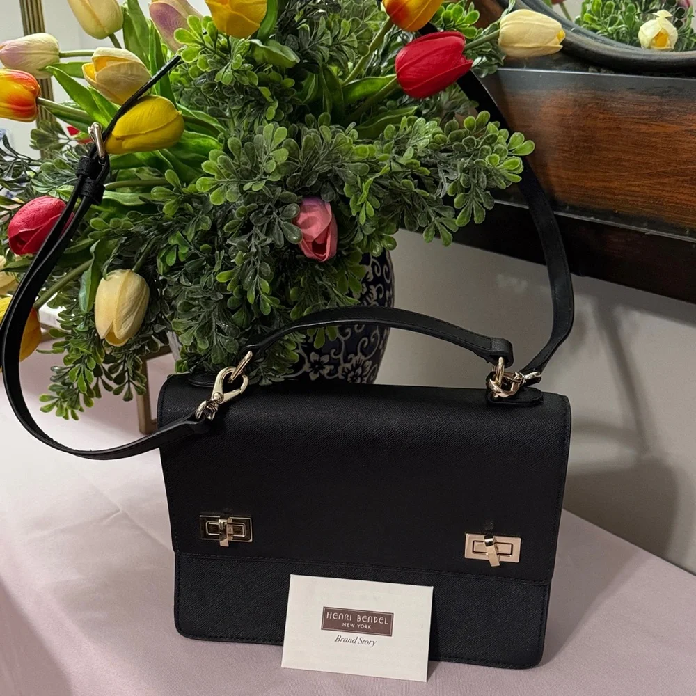 Henri Bendel Black Leather Shoulder Bag with Gold Accents - Picture 1 of 15